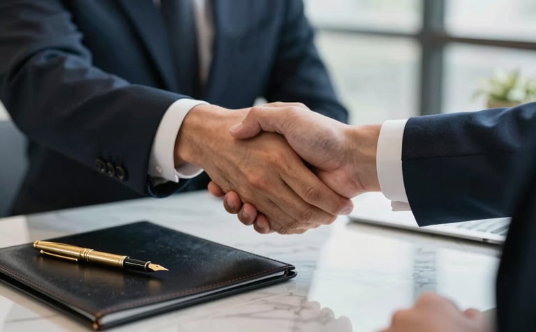 A professional close-up of two business partners in dark navy suits shaking hands across a polished marble table. A soft gold fountain pen rests on a leather document folder. The lighting is sophisticated and reassuring.