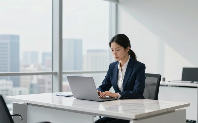 A high-end, minimalist North American corporate office interior. A professional individual in modern business attire is focused on a laptop at a clean, white marble desk. Large windows show a soft-focus city skyline. The color palette is dominated by white and dark blue, with soft natural lighting.