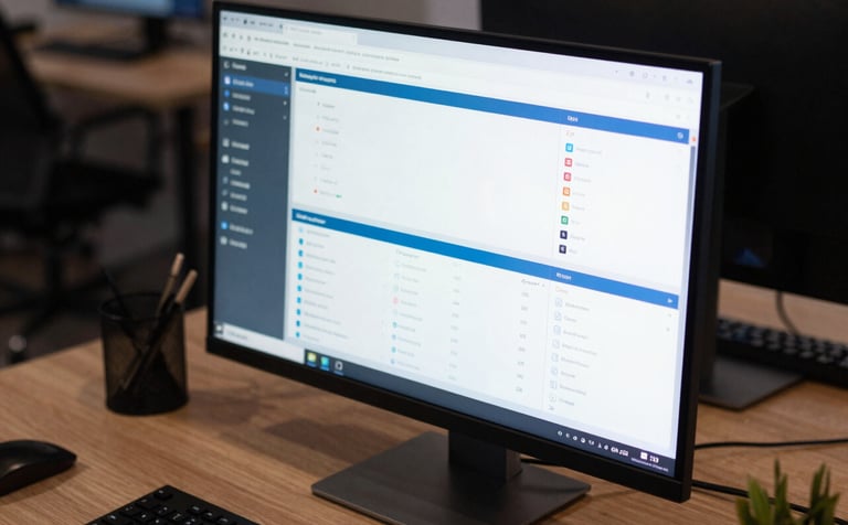 A close-up photograph of a sleek, high-end monitor in a dark North American workspace. The screen displays professional, minimal data dashboards with blue and white accents. The surrounding desk is organized and modern, reflecting an enterprise-level data company atmosphere.