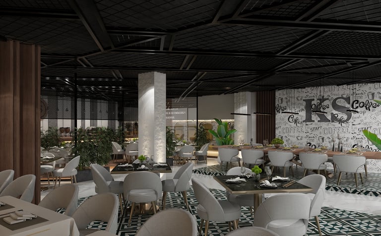 Café/lounge — dark industrial ceiling, stone wall with branding, tropical plants, patterned floor, c