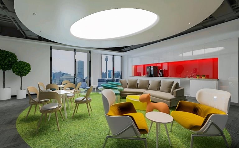 Creative lounge/breakout area — green artificial grass carpet, colourful seating (yellow, beige), ro