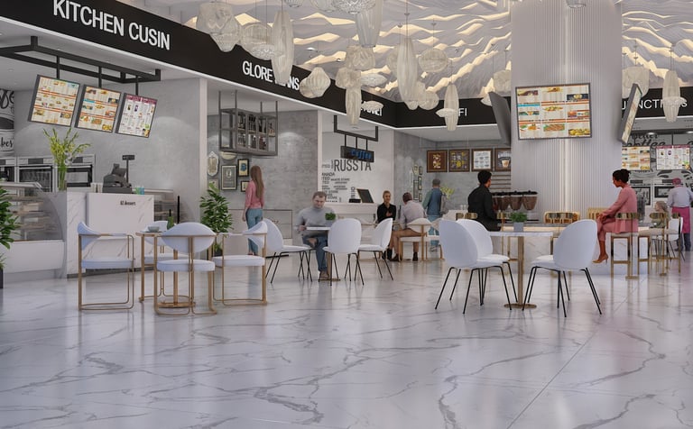 Modern food court with white marble floors, designer seating, and sleek restaurant stalls.