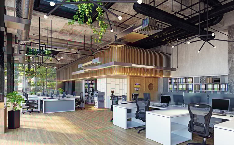 Co-working style office — wooden ceiling beams, hanging plants, white desks, natural light, warm woo