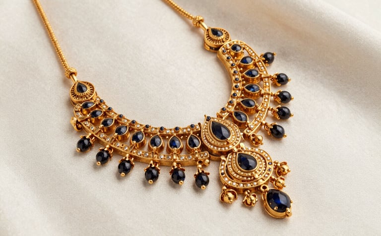 A high-end, professional photography shot of intricate gold jewellery displayed on a clean off-white silk surface. The lighting is soft and sophisticated, emphasizing the craftsmanship. South Asian / Indian style influence in the design of the jewellery. Premium, fashion-forward aesthetic with colors like gold and navy blue hints in the shadows.