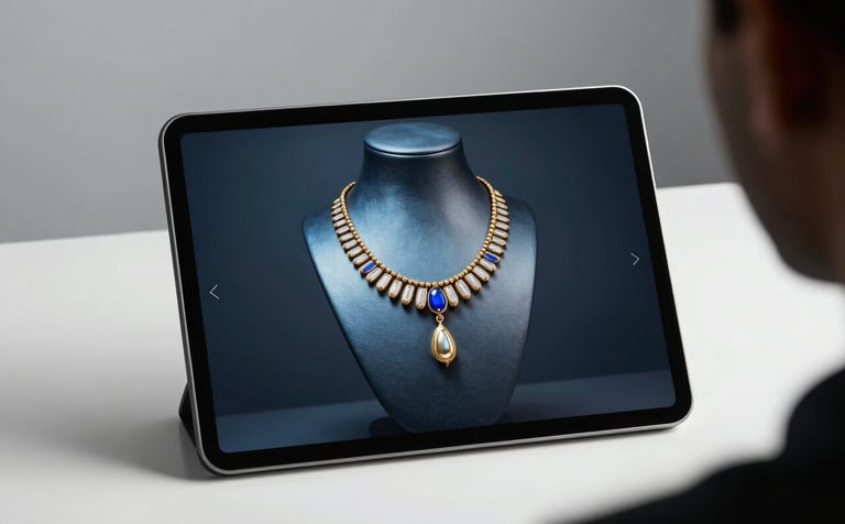 An innovative digital setup showing a professional tablet displaying a virtual try-on of a necklace. The background is a clean, modern Indian studio. Focus on the screen showing cutting-edge CGI technology. Lighting is crisp and cool, featuring steel blue and gold accents.