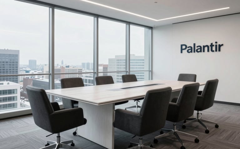 A high-resolution, wide shot of a North American dealership executive boardroom. The room is minimal with a large white oak table, dark charcoal chairs, and floor-to-ceiling windows showing a clean urban horizon. The aesthetic is corporate and modern, echoing the elegance of Palantir or Salesforce office designs.