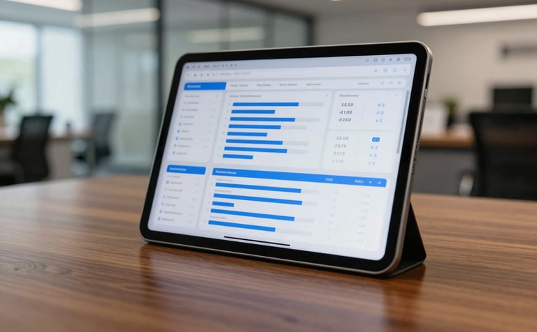 A close-up, sharp-focus photograph of a sleek tablet display on a mahogany desk in a North American corporate office. The screen shows a professional data analytics dashboard with blue and gray clean lines. In the background, a blurred glass wall reveals a modern dealership environment. Minimalist, premium enterprise software aesthetic.