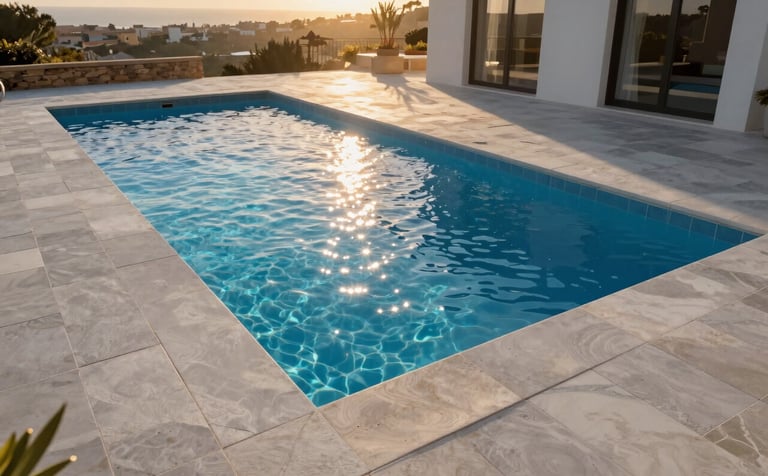 A high-end, modern swimming pool built into the terrace of a Southern European Spanish villa in Castellon. The water is deep blue and sparkling, surrounded by clean light grey stone tiling. The lighting is the golden hour of a Mediterranean sunset, emphasizing a sense of luxury and expert craftsmanship.