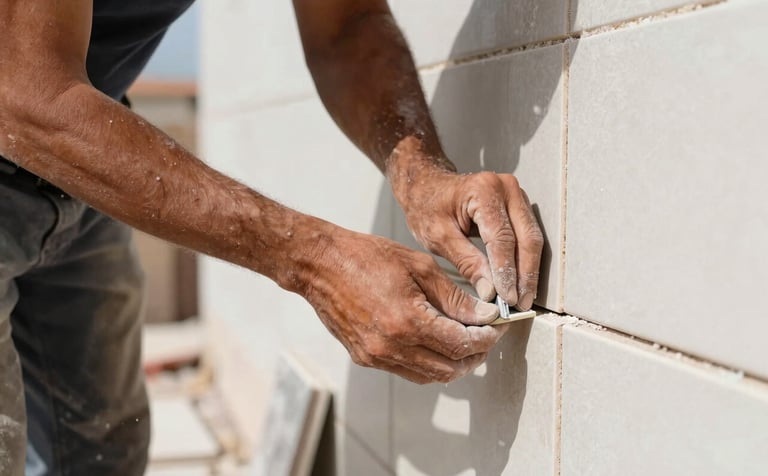 Close-up photography of a professional mason's hands carefully placing a ceramic tile on a facade. The setting is a bright, sunny Southern European Spanish construction site. The focus is on the precision of the alignment and the quality of the materials, reflecting established expertise.