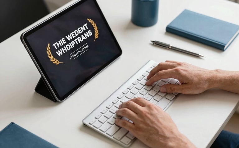 A high-angle shot of a designer's hands on a keyboard next to a large tablet. The workspace is clean and contemporary, featuring off-white surfaces and slate blue office supplies. Bright, natural lighting.