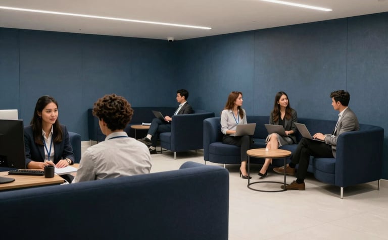 A modern office lounge where professionals are collaborating. The interior design features dark navy furniture, slate blue walls, and clean off-white floors. Contemporary and professional mood.