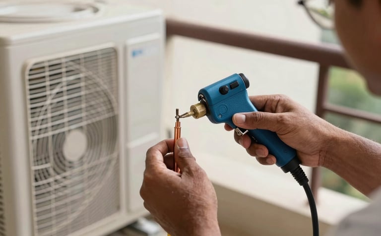 A close-up shot of a South Asian / Indian expert technician's hands using professional tools to repair the copper pipes of an outdoor AC unit on a sunny balcony in Noida. Professional gear visible with steel blue and dark navy tones.