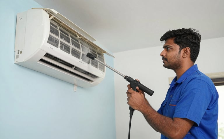 A professional South Asian / Indian technician in a steel blue uniform using a high-pressure jet pump to clean a split AC unit mounted on a wall in a clean Noida apartment. Professional lighting, focus on the cleaning process with soft light blue and off white surroundings.