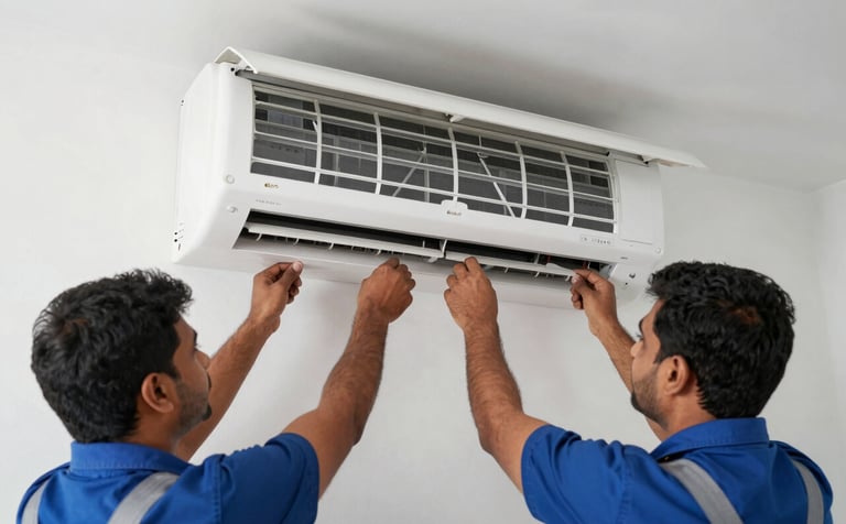 Two South Asian / Indian technicians carefully mounting a new white split AC indoor unit on a clean white wall in a modern apartment. Professionalism, precision, and reliable efficiency depicted in a clean setting.