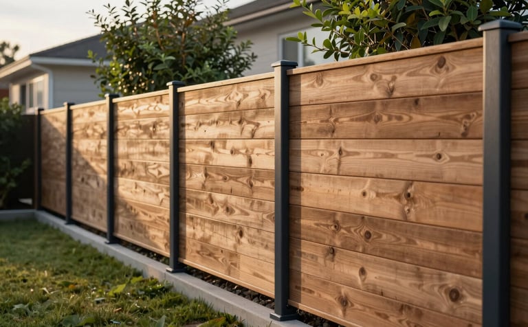 A high-quality horizontal wooden privacy fence with Dark Navy Slate metal support beams. The image shows a side angle looking down the fence line in a modern suburban backyard. The lighting is golden hour, accentuating the Muted Sage Green foliage nearby.