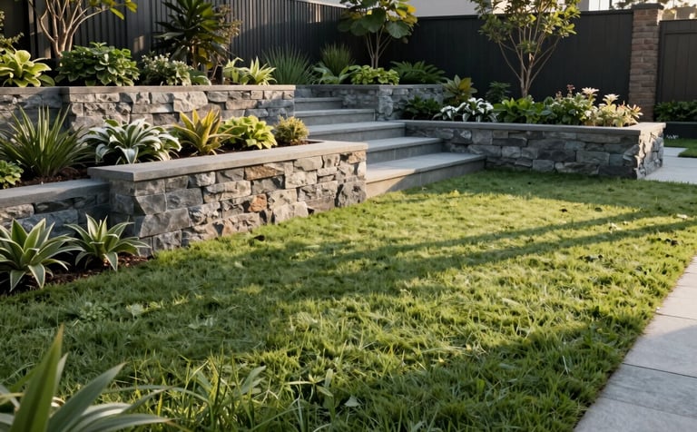 A modern residential garden landscape featuring a clean Muted Sage Green lawn, structural stone retaining walls, and organized flower beds. The lighting is early morning sun, highlighting the precision craftsmanship and the integration of industrial strength with natural beauty.