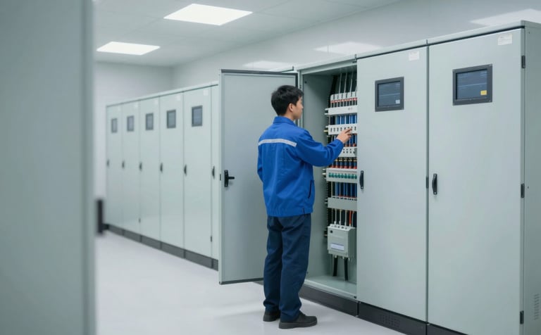 A wide-angle shot of a commercial electrical room. A technician is inspecting a large, modern electrical panel with high-tech components. The environment is organized and clean. The color palette incorporates the brand's #174A6F and #A4D8EE blues, reflecting professional expertise.
