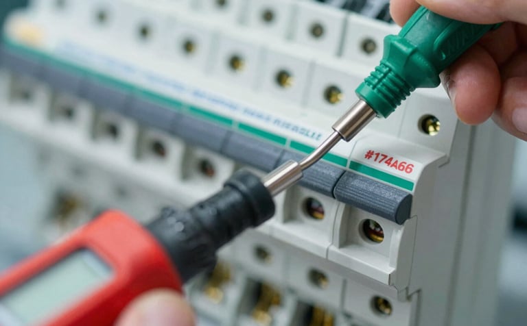 Macro shot of a high-quality electrical testing tool being used on a modern breaker box. The focus is sharp, emphasizing expertise and technical precision. Modern, professional lighting with #174A6F and white tones, reflecting the brand's reliability.