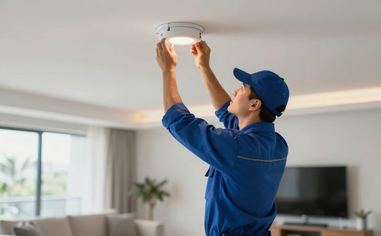 A professional electrician in a clean uniform installing modern recessed lighting in a bright, upscale Florida home living room. The lighting is soft and natural. The image uses a clean, professional aesthetic with subtle #021C30 and #174A6F tones in the background and clothing.