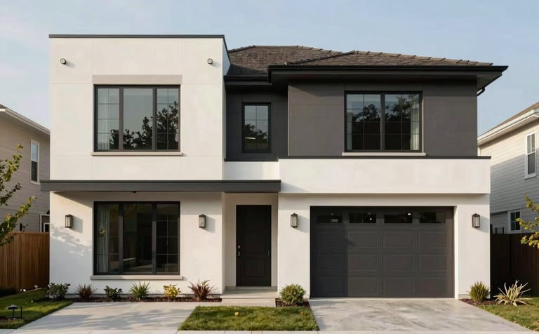 A professionally photographed luxury residential exterior in a North American / US suburb. The home features modern minimalist architecture with clean lines and textures in off-white and charcoal. Soft natural daylight highlights the sophisticated curb appeal and design precision.