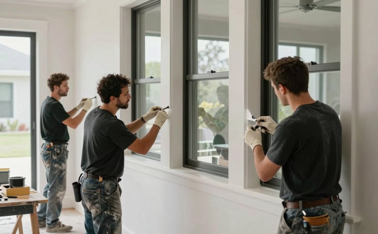 A professional North American / US painting crew applying premium finishes to a modern luxury residence. They are working with focus and meticulous care on window trims, surrounded by a clean, professional worksite.