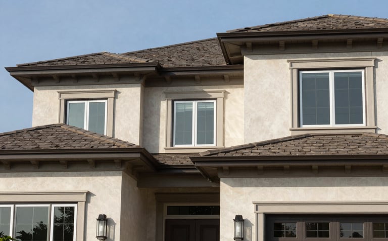 A close-up architectural photograph of a modern North American / US home exterior. The shot focuses on high-quality finishes and materials in beige and brownish-gray tones, showcasing elegant facade transitions and decorative details under bright, clear sky.