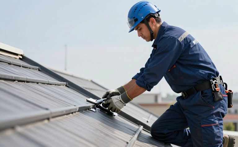 A professional roofing technician in Santiago wearing safety gear and a branded navy blue uniform (#1E2A3A), performing a precise seal on a leaking roof. The lighting is bright and clear, emphasizing modern equipment and a clean work environment. The scene projects reliability and technical expertise.