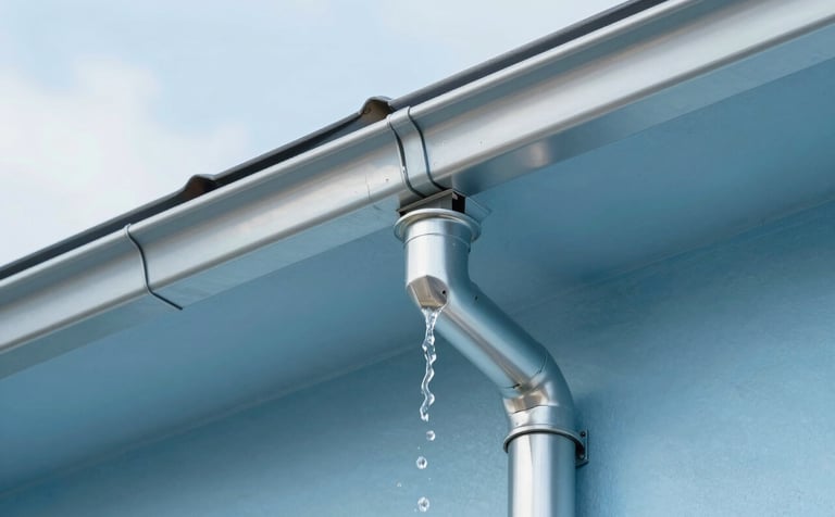 Close-up of a perfectly cleaned and aligned aluminum gutter system on a residential building in Santiago. Clear water is flowing efficiently through the downspout. The style is modern and sharp, with the metallic sheen of the gutters reflecting the brand's #B2C6D9 light blue tones.