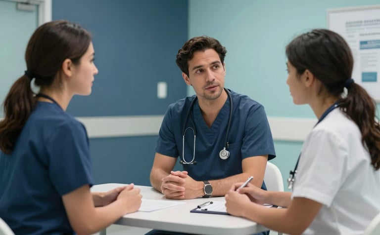 A compassionate clinical consultation in a modern North American / US health center. A professional team discusses care in a room with dark slate blue and pale aqua decor, reflecting reliable support.