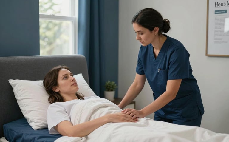 A high-quality residential setting in a North American / US suburb where a caregiver provides dignified home support. The scene incorporates dark slate blue and off-white textiles, emphasizing reliability and community health.