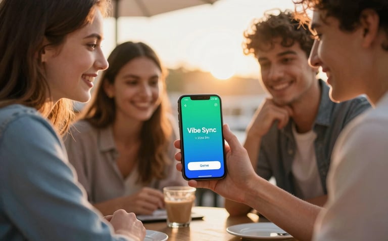 A group of cheerful friends gathered at an outdoor cafe, looking at a smartphone screen together. The sun is setting, casting a warm glow. The phone screen shows the 'Vibe Sync' app with a vibrant interface using #2E6C6C and #74A7A7 colors, emphasizing connection and shared joy.