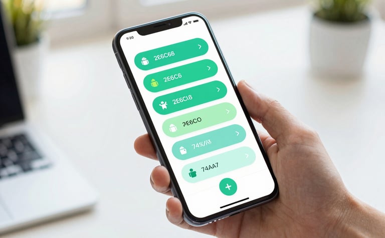 A modern Android smartphone held in a hand, displaying a vibrant, gamified task management app interface. The UI features soft rounded buttons in #2E6C6C and playful progress icons in #74A7A7. The background is a clean, bright workspace with natural morning light, conveying a sense of productivity and enjoyment.