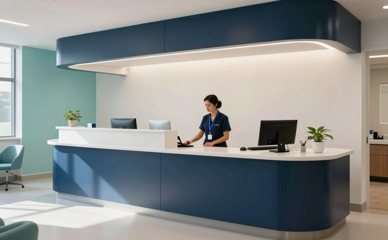 A crisp, wide-angle photograph of a modern medical reception desk in a Sydney, Australia clinic. A professional receptionist works in a bright, clean space. The interior features deep navy and ocean teal accents with soft natural light.