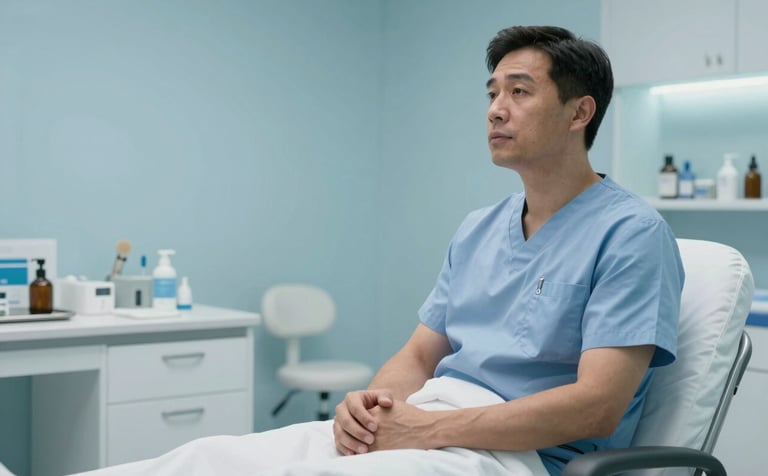 A medium shot of a patient in a high-end medical facility in Sydney, Australia, looking relaxed and informed. The environment is serene, featuring mist blue walls and sky white furniture, conveying trust and healthcare innovation.