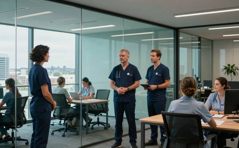 A professional group of healthcare administrators in a sleek, glass-walled office in Sydney, Australia. The scene is professionally lit, highlighting an ocean teal and deep navy color scheme in a modern workspace.