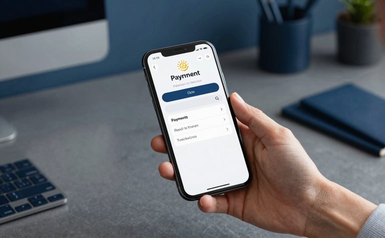 Close up of hands holding a smartphone displaying a clean payment interface. The background is a tidy home office with midnight blue and slate grey blue desk accessories, suggesting professional efficiency.