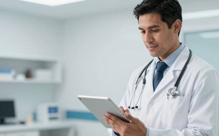 A professional South American male doctor in a white coat, holding a digital tablet in a bright, modern clinic. The background is clean and organized with soft blue accents. High-quality photography, natural lighting.