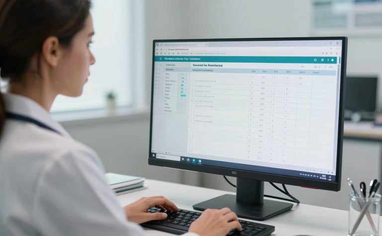 A female doctor in South America reviewing electronic health records on a sleek monitor. The scene is bright and efficient, reflecting a high-tech medical environment with a focus on patient care.
