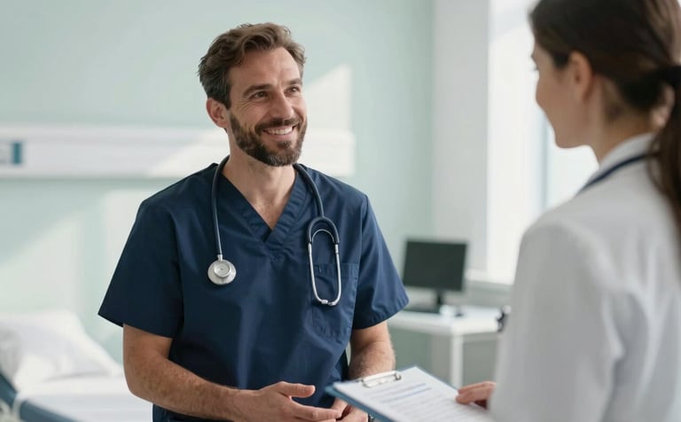 A professional and warm portrait of a doctor in deep navy scrubs having a compassionate conversation with a resident in a sunlit medical facility. The background is clean and modern, featuring pale mist white surfaces and a calm, trustworthy atmosphere.