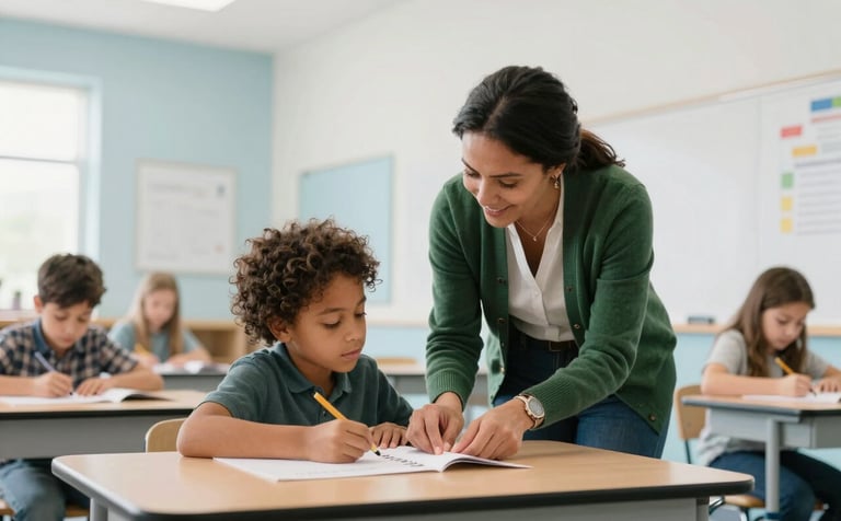 Photography of a bright, modern Minnesota elementary classroom. A teacher wearing a forest green cardigan is kneeling to help a young student with a project. The room is airy with pale mist white walls and soft sky blue accents, conveying a sense of hope and educational progress.