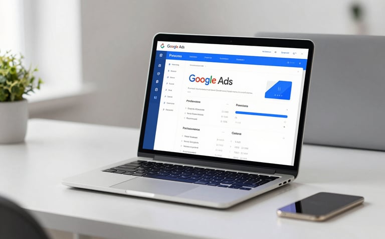 A clean, modern workspace with a high-end laptop showing a professional Google Ads performance dashboard. The setting is minimal and bright, featuring subtle blue accents like #2C4F7F and #77A3CE in the office decor. Soft, natural lighting creates an authoritative and professional atmosphere.
