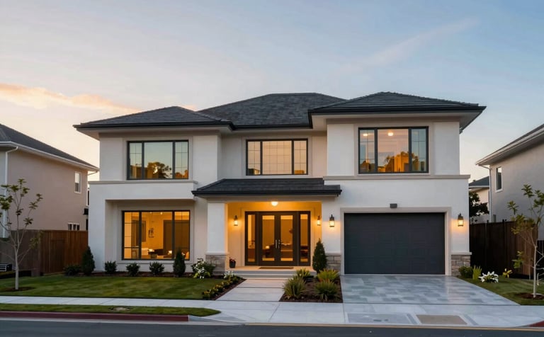 A high-resolution architectural photograph of a luxury suburban home during the golden hour. The property features clean modern lines, large glass windows, and professional landscaping. The sky shows soft hues of blue and orange, reflecting the brand colors #4E677F and #A2B7C8. The style is sophisticated and trustworthy.
