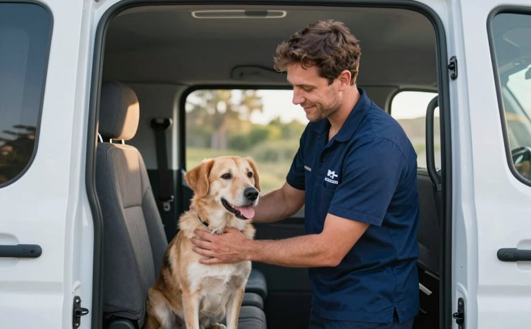 A compassionate professional transport specialist in a clean uniform gently securing a dog in a modern, climate-controlled animal transport van. The scene is lit with warm, natural light, conveying reliability and care, with a color palette including #1E3A4B and #F8FBFD.