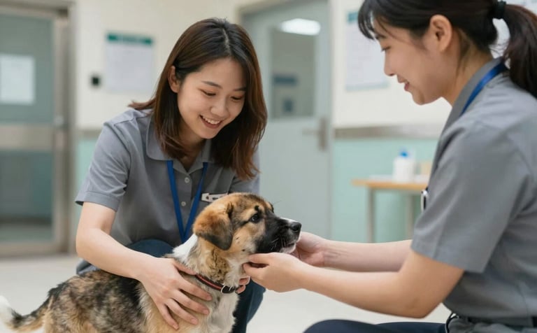 A heartwarming interaction between a transport coordinator and a foster volunteer outside a veterinary clinic. A puppy is being carefully transferred. The mood is approachable and trustworthy, utilizing #4F6B7C and #A7BCC9 in the environment.