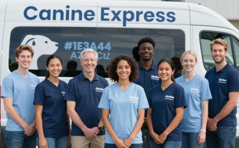 A group of diverse, smiling volunteers standing proudly in front of a professionally marked Canine Express Transport van. High clarity, clean composition, reflecting compassionate professionalism with #1E3A4B and #A7BCC9 accents.