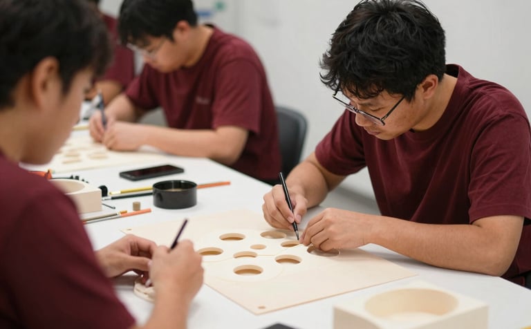 Behind-the-scenes photography in a North American creative workshop. A team member is seen from the side, focused on building a physical product prototype. The environment is clean and professional, with a Deep Ripe Crimson and Crisp Parchment color palette.