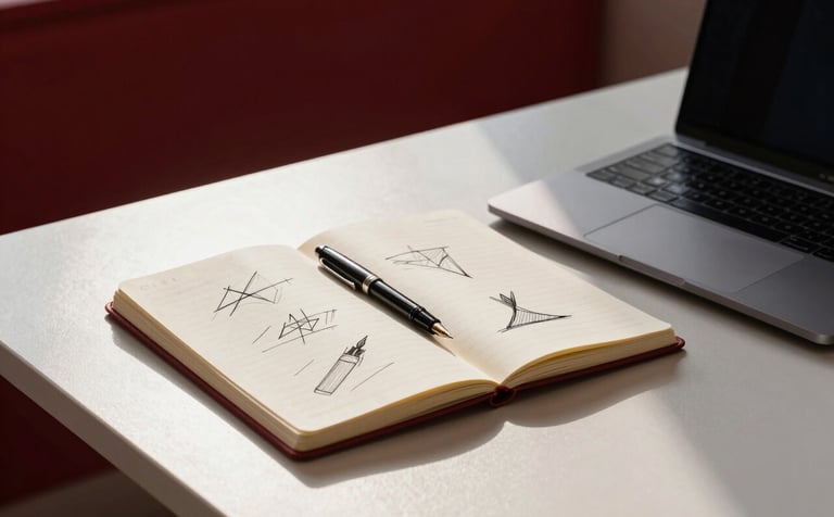 A high-contrast photography shot of a minimalist North American office desk. A notebook with strategic sketches, a laptop, and a fountain pen sit on a surface of Crisp Parchment. Deep Ripe Crimson accents are visible in the room's decor. Sharp morning sunlight creates professional, clean shadows.