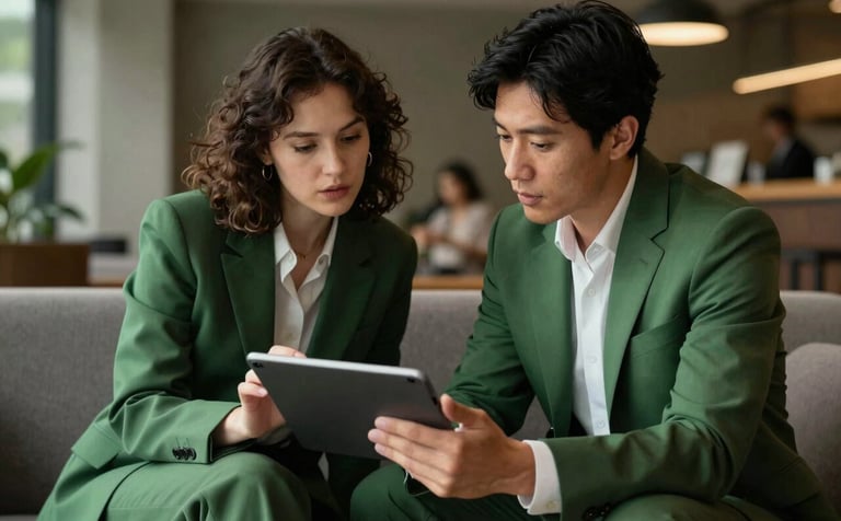 A sophisticated, down-to-earth interaction in a modern North American lounge. Two professionals in smart attire, one wearing Matte Forest Green, discuss plans over a digital tablet. The lighting is premium and focused, emphasizing a mood of empowerment and trust.