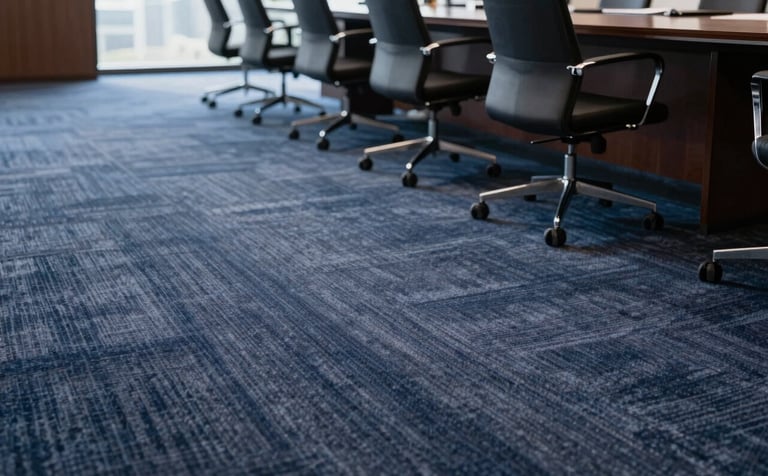 Close-up of premium office moquette being installed in a luxury corporate boardroom in Riyadh. The carpet has a sophisticated texture with deep blue-grey tones matching #1C2833. Natural light hits the floor, emphasizing the high-quality fibers and professional finish.