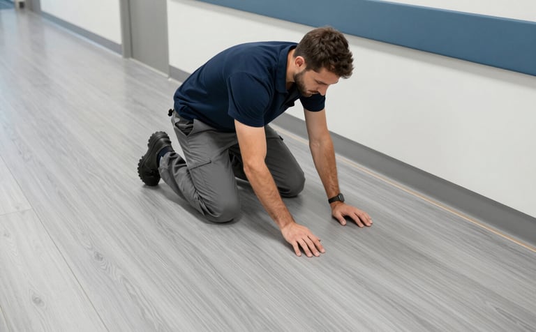 A high-angle shot of a professional installer laying modern grey medical-grade vinyl flooring in a bright, modern hospital hallway. The environment is sterile and professional, featuring wall accents in #4A6572 and clean lighting. The overall mood is reliable and efficient.